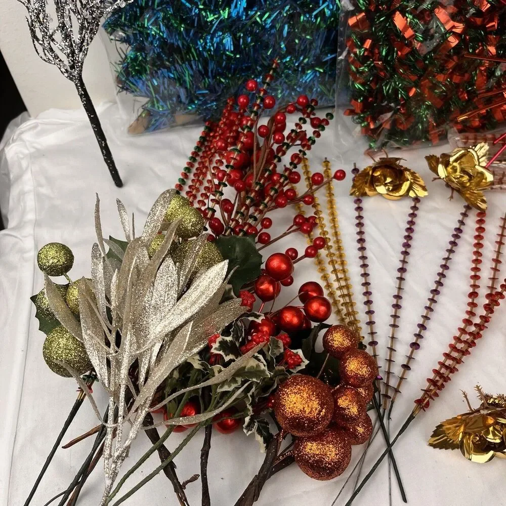 Vintage Christmas Ornaments Decorations Lot Birch Branches Sprays Foils Tinsel